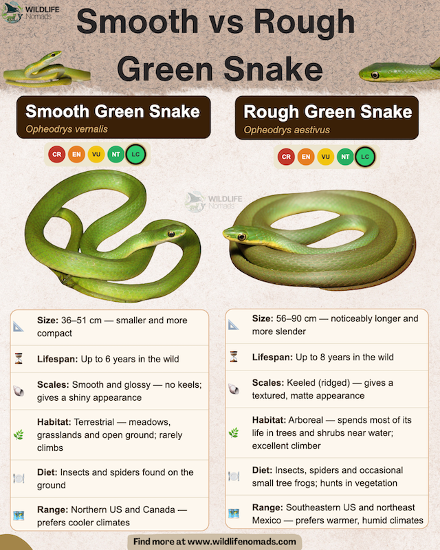 Smooth vs Rough Green Snake infographic chart comparing both