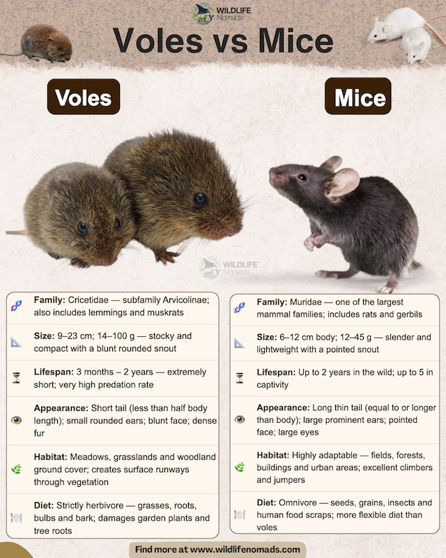 A side-by-side infographic titled Voles vs Mice. It compares a stocky, short-tailed vole with a slender, long-tailed mouse. Key categories include family, size, lifespan, appearance, habitat, and diet.