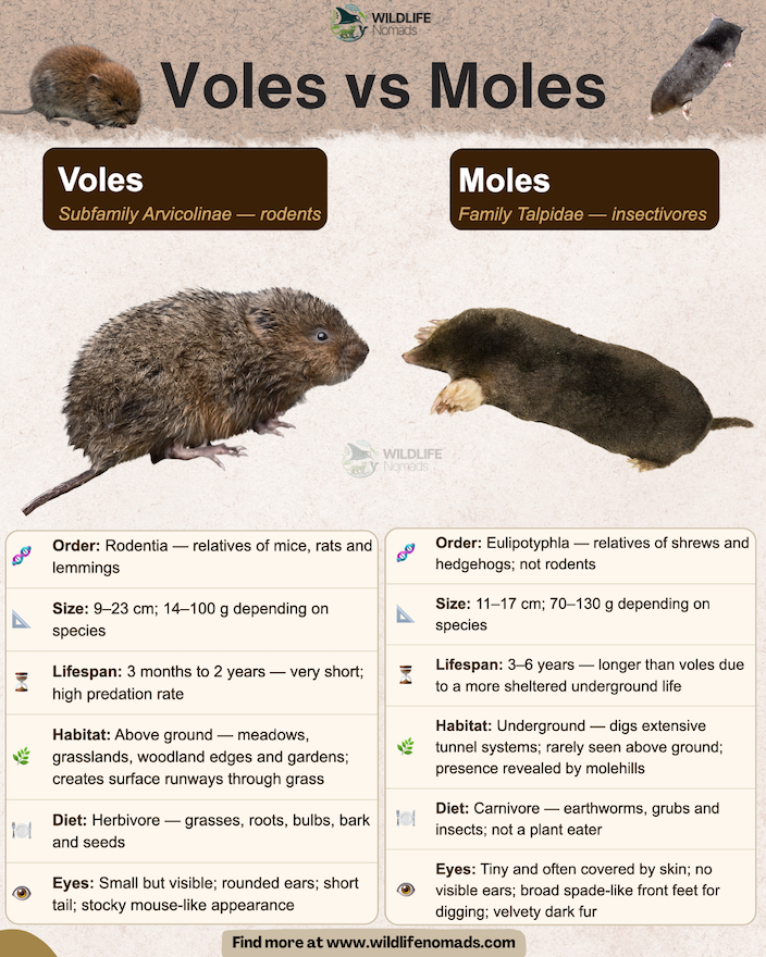 An infographic titled Voles vs Moles. It shows a brown, furry vole next to a dark, velvety mole with large digging claws. Columns compare their Order, size, lifespan, habitat (above ground vs underground), diet, and physical features like eyes and ears.