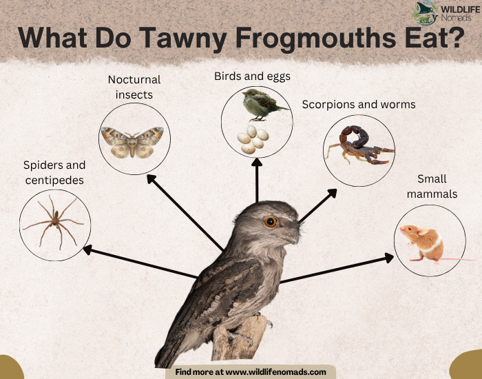What-Do-Tawny-Frogmouths-Eat-diet-infographic.webp infographic chowing the main 5 food sources for tawny forgmouths including moth, spiders,, etc