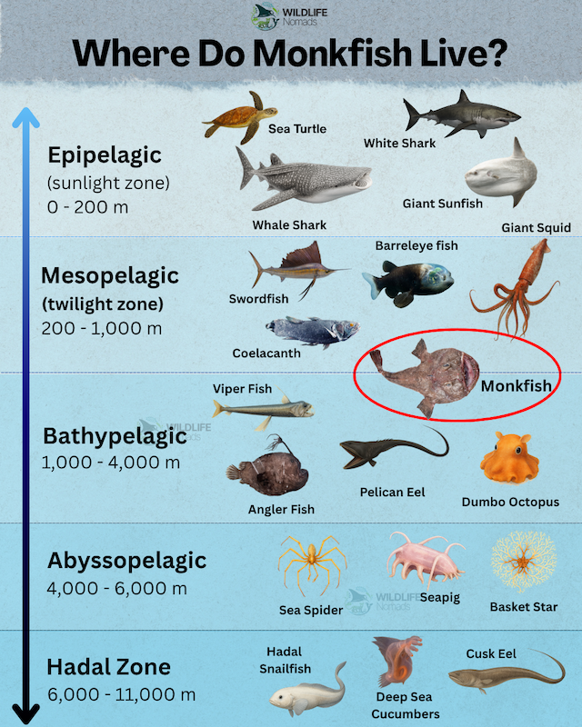 infographic chart showing the ocean layers and indicating where the monkfish lives between 1000 and 2000 meters
