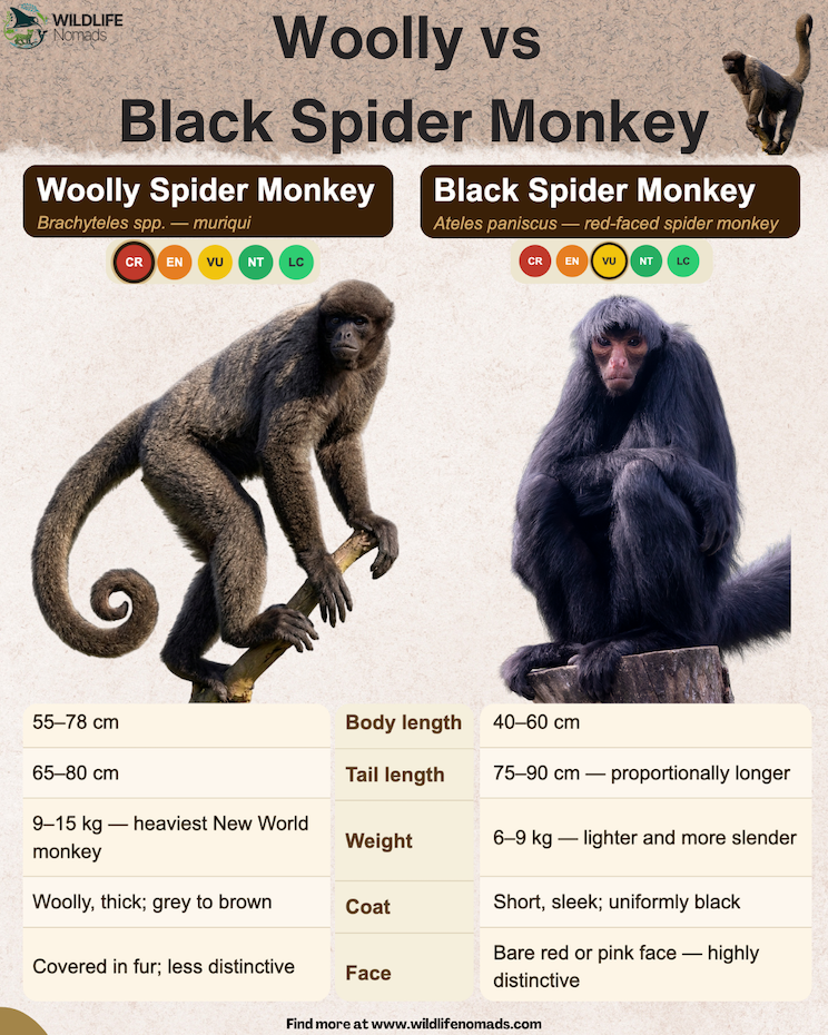 Woolly vs  Black Spider Monkey infographic chart comparing size, height, etc
