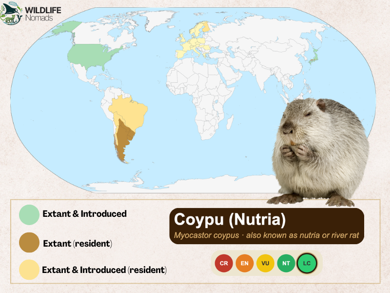 world map showing the distribution of the coypus in the world