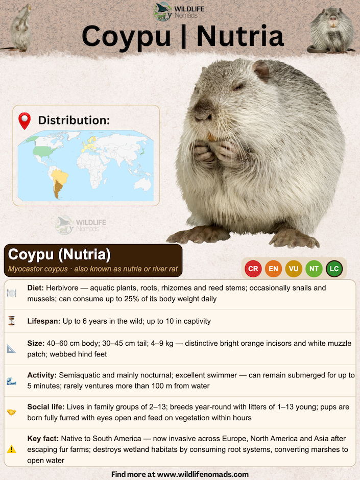 coypus factsheet showing important information like diet, distribution, etc