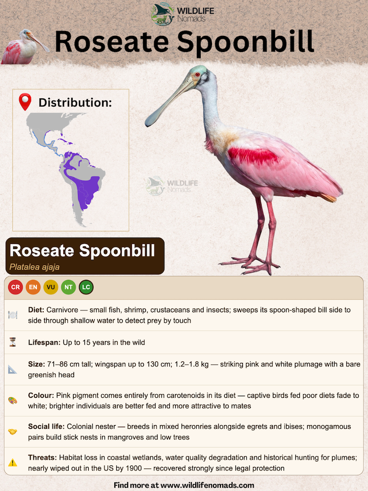 roseate-spoonbill-species-animal-profile.webp SPECIES PROFILE FOR THE Roseate Spoonbill showing diet , status, etc