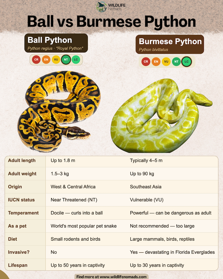 Ball vs Burmese Python infographic comparing both snakes by wildlife nomads
