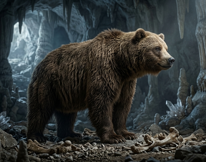A detailed wildlife photograph of a massive Cave Bear (Ursus spelaeus) standing in profile inside a deep, atmospheric cavern. The bear is exceptionally large with a prominent shoulder hump and a dense, shaggy dark brown fur coat. The cave floor is littered with fossilized prehistoric bones, rocks, and mud, while the background is filled with intricate stalactites, stalagmites, and shimmering crystalline formations lit by a dramatic, cool light source from a distant cave opening.