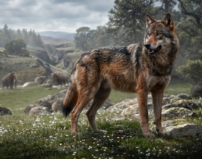 A crisp, natural wildlife-style photograph of a large, stocky Dire Wolf (Aenocyon dirus) standing in a three-quarter profile on a rocky, green hillside. The wolf has a thick, multi-toned coat of grey, black, and reddish-brown fur, a broad skull, and a powerful build compared to modern wolves. The terrain is dotted with small white wildflowers and scattered boulders, with a deep valley, distant conifers, and a group of prehistoric herbivores grazing under a moody, cloud-filled sky.