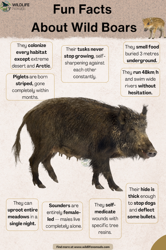 a factsheet infographic by wildlife nomads mentioning cool facts about wild board, like the striped piglet, or thick skin