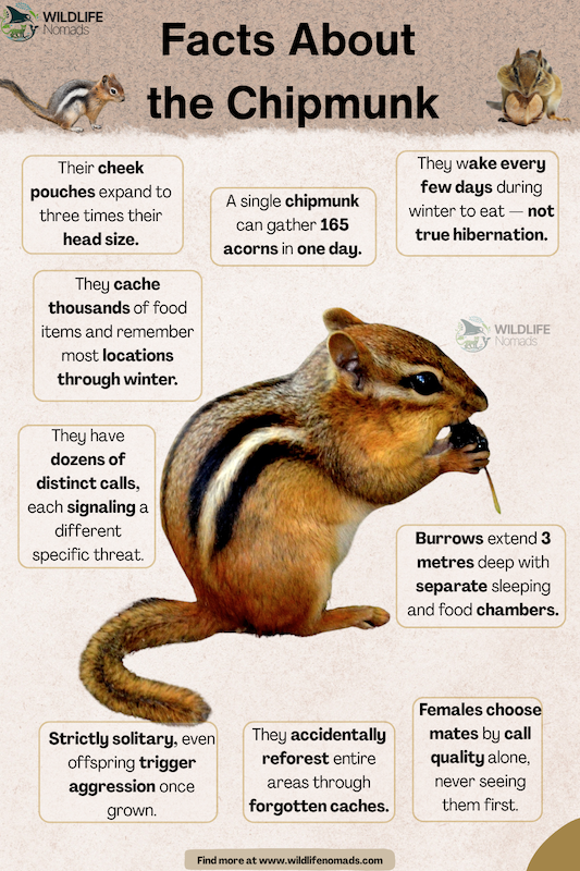 Facts about Chipmunks infographic mentioning facts about them by wildlife nomads
