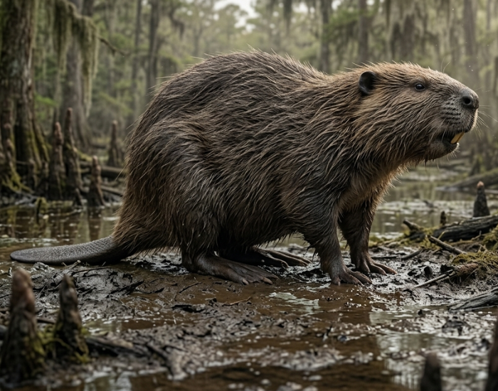 A true-to-life wildlife photograph of a full-body Giant Beaver (Castoroides ohioensis) on a muddy, waterlogged shoreline. The rodent is roughly the size of a black bear, covered in wet, coarse dark brown fur, and displays large, prominent orange-yellow incisors. The background is a detailed, murky Pleistocene swamp habitat filled with standing cypress knees, hanging Spanish moss, and a dense, misty primeval forest under an overcast sky.