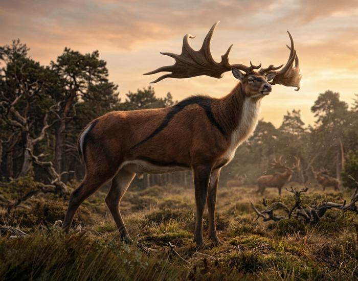 An 8K wildlife-style photograph of a magnificent male Irish Elk (Megaloceros giganteus) standing proudly in a three-quarter profile. The giant deer has a dark brown coat with a distinct black hump and stripe running down its shoulder, contrasted by a lighter cream-colored neck. It carries a colossal set of wide, palmate antlers. The scene is set in a misty, sunlit prehistoric meadow at dawn or dusk, with low mossy grass, scattered deadwood, and a dense, ancient forest fading into the soft orange glow of the horizon.