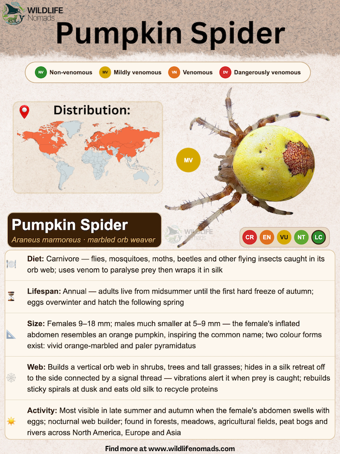 a pumpkin spider or Araneus marmoreus (Marbled orb-weaver) infographic cheat sheet displaying important information like diet and distribution