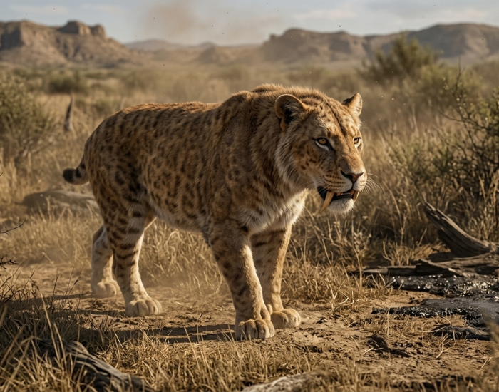 A realistic wildlife photograph of a powerful Saber-Toothed Cat (Smilodon) pacing through a dusty, arid prehistoric landscape. The big cat has a robust, muscular build, a short tail, and a light tan coat patterned with
