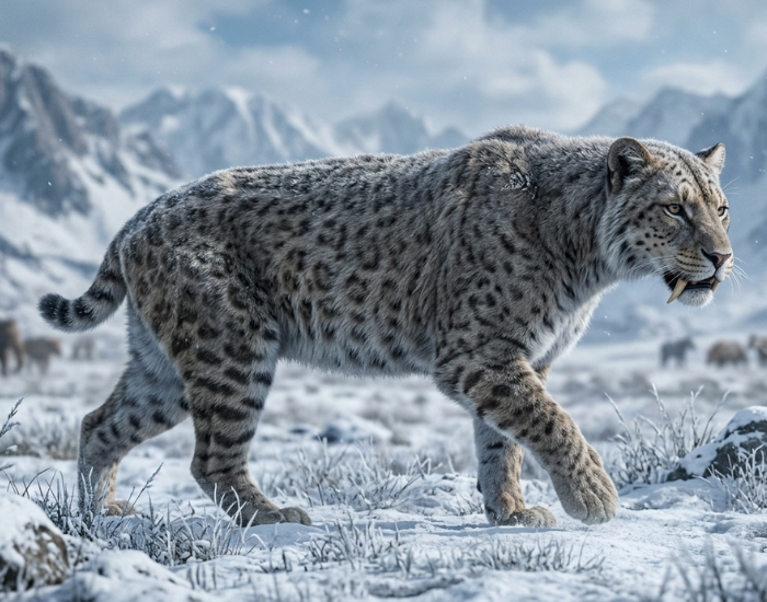 An ultra-realistic, cinematic photograph of a Scimitar-Toothed Cat (Homotherium latidens) walking across a frozen, snow-swept landscape. The cat has a distinctive sloping back, long front legs, and a thick, pale silver-grey coat marked with dark spots and stripes. Its flattened, serrated scimitar-like canines peek out from its mouth. The background is a stark, vast Ice Age environment with frosted ground vegetation and imposing, snow-covered mountain peaks under a hazy winter sky.