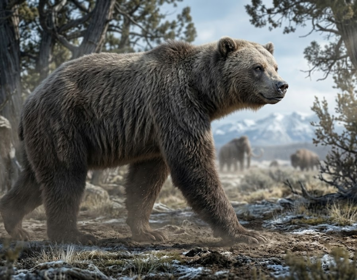 A striking wildlife photograph of a giant Short-Faced Bear (Arctodus simus) striding forward naturally across a rugged, semi-arid Pleistocene landscape. The bear exhibits an incredibly tall, leggy stature, a shortened snout, and a dense coat of grizzled brown fur. It is walking over dry earth and patchy, frosted grass. In the soft-focus background, ancient gnarled trees, distant snowy peaks, and a herd of mammoths create a sense of massive scale under a bright, cinematic sky.