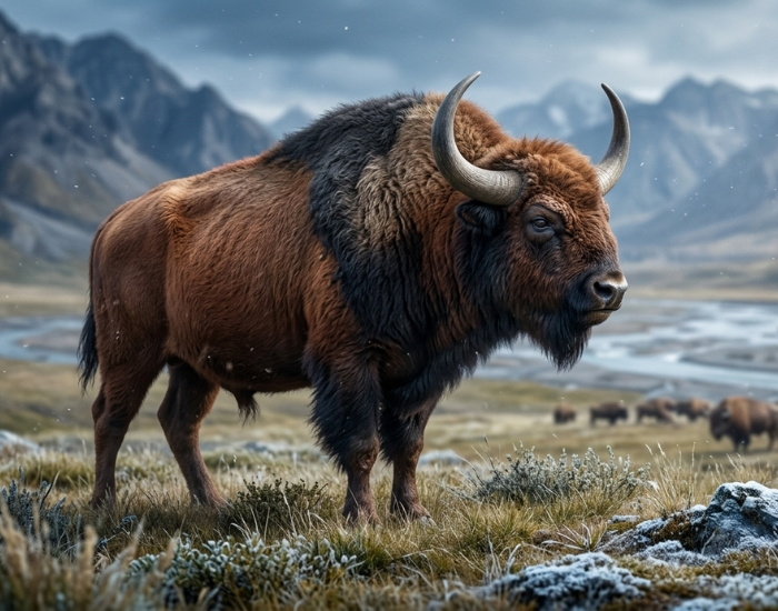 A dramatic, highly detailed photograph of a large Steppe Bison (Bison priscus) standing on a frosty alpine meadow. The bison features an enormous shoulder hump covered in thick, dark brown to black woolly fur, a heavy beard, and long, upwardly curved horns. The foreground shows low tundra vegetation touched with rime frost, while a winding glacial river and a vast, towering mountain range under a stormy, cinematic grey sky fill the background.