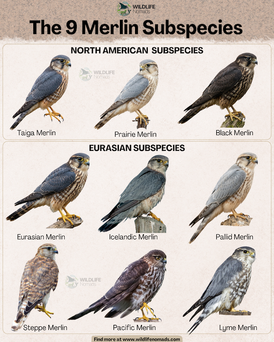 The 9 Merlin Subspecies INFOGRAPHIC by wildlife nomads SHOWING ALL OF THEM DIVIDED BY NORTH AMERICA AND EURASIA REGION