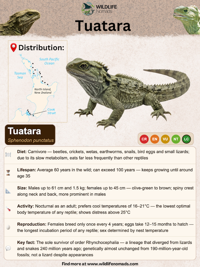 species profile showing information about diet, activity and distribution of tuataras