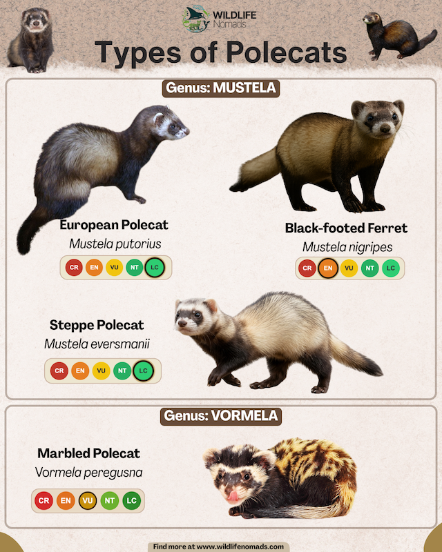 A wildlife infographic titled Types of Polecats by Wildlife Nomads. It organizes four species into two taxonomic sections: Genus Mustela features the European Polecat, Black-footed Ferret, and Steppe Polecat, while Genus Vormela features the Marbled Polecat. Each animal includes its scientific name and an IUCN conservation status rating.