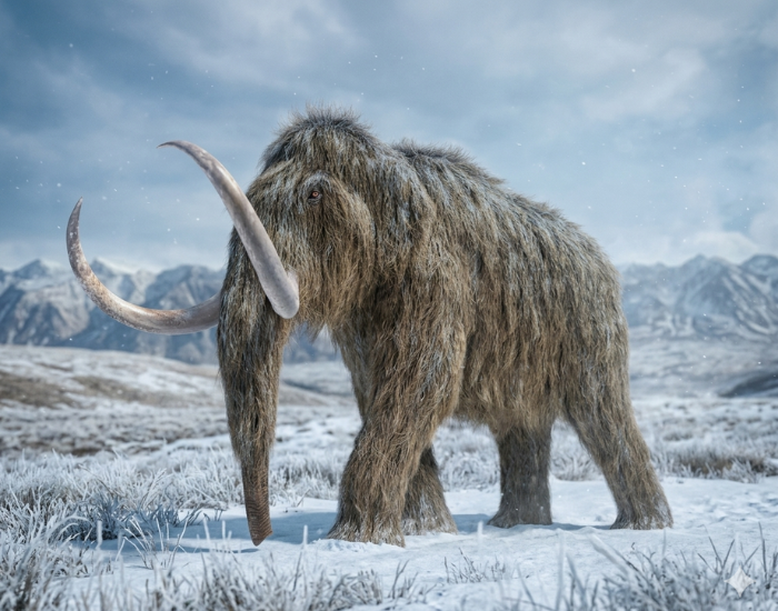 An ultra-realistic wildlife photograph of a full-body Woolly Mammoth (Mammuthus primigenius) in a three-quarter profile. The mammoth features a thick, shaggy coat of long brown hair dusted with light snow and massive, deeply curved ivory tusks.