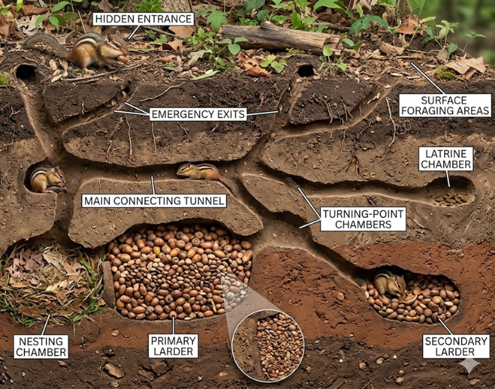 An ultrarealistic, large-scale cross-section photograph revealing an intricate, multi-layered chipmunk burrow, based on the layout logic of a mole's tunnel system in image_0.png, depicting an "underground city." ai image generated by gemini and wildlife nomads