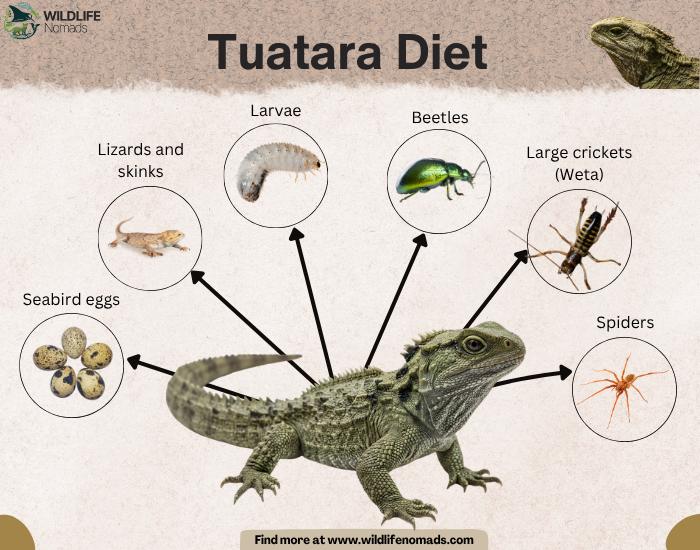 infographic chart showing the main five food sources of a tuatara's diet