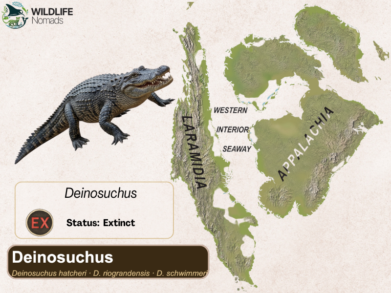 Paleogeographic distribution map of Deinosuchus species showing their habitat along the coastlines of Laramidia, Appalachia, and the Western Interior Seaway.
