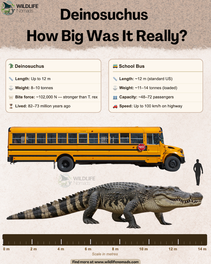 Prehistoric size comparison infographic comparing a 12-meter Deinosuchus to a standard yellow school bus and a human silhouette, with a metric scale ruler at the bottom.