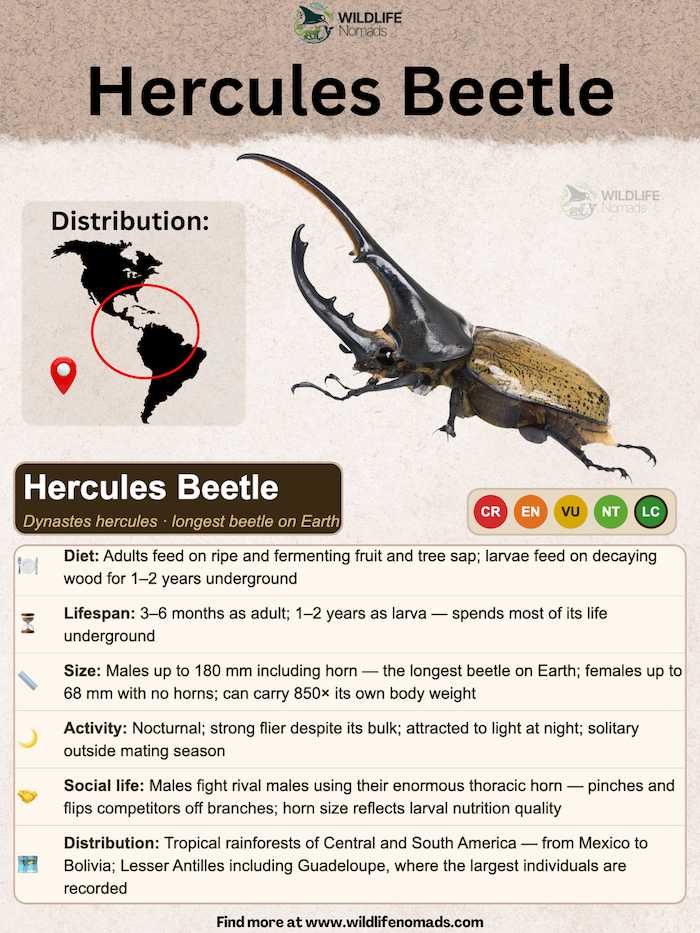 A wildlife profile infographic for the Hercules Beetle (Dynastes hercules) detailing its diet, size up to 180mm, nocturnal activity, and distribution map highlighting Central and South America.
