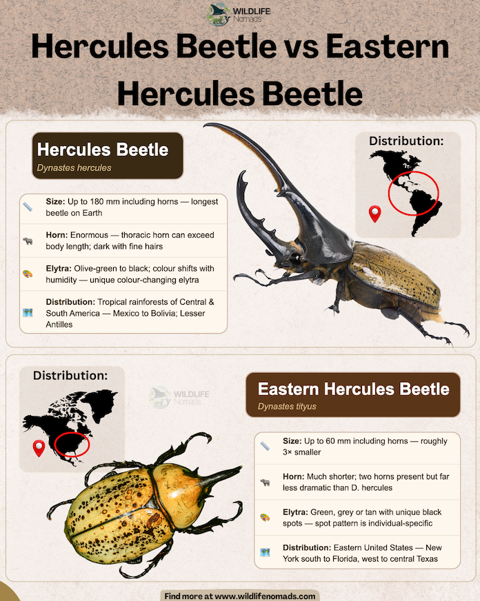 A comparison infographic titled "Hercules Beetle vs Eastern Hercules Beetle" showing the size, horn shape, elytra color shifts, and distinct geographic distribution maps for both species.