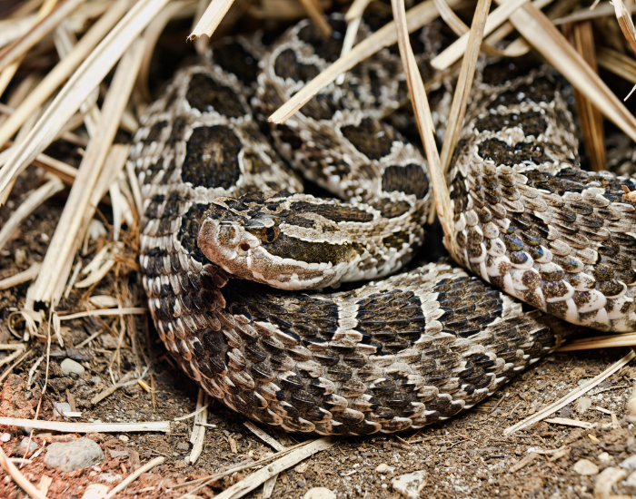A close-up view of a Massasauga rattlesnake tightly coiled among dry, tan blades of grass, displaying its thick body covered in large, rounded dark brown blotches outlined in white.