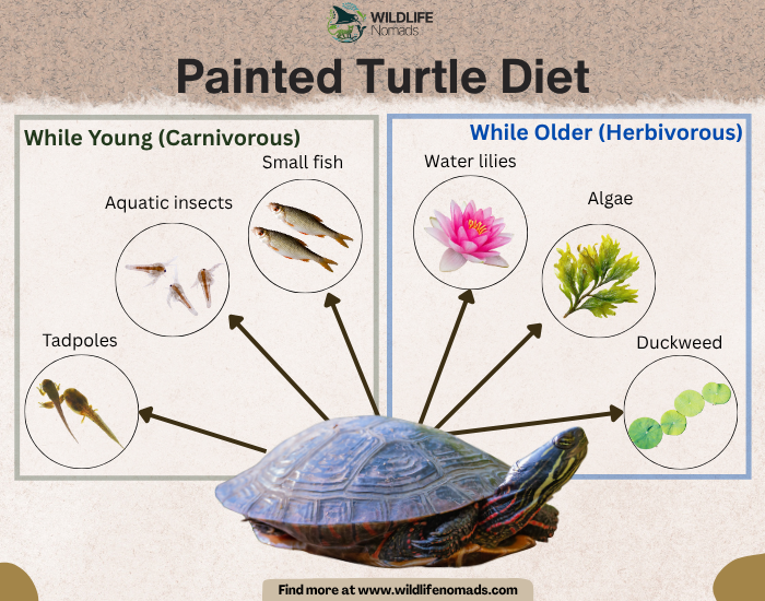 Painted turtles completely swap their diet as they grow up. They start out as little meat-eaters hunting for high-protein bugs and fish, then transition into mostly eating greens like pond weeds and lilies as adults. Here is exactly what they eat at every stage of life.