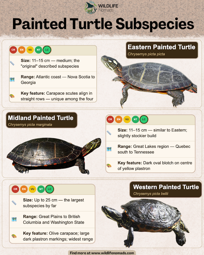 An educational wildlife infographic titled 'Painted Turtle Subspecies' by Wildlife Nomads. It displays identification keys, sizes, ranges, and photos for the 3 distinct types of painted turtles: the Eastern Painted Turtle (Chrysemys picta picta), Midland Painted Turtle (Chrysemys picta marginata), and Western Painted Turtle (Chrysemys picta bellii).