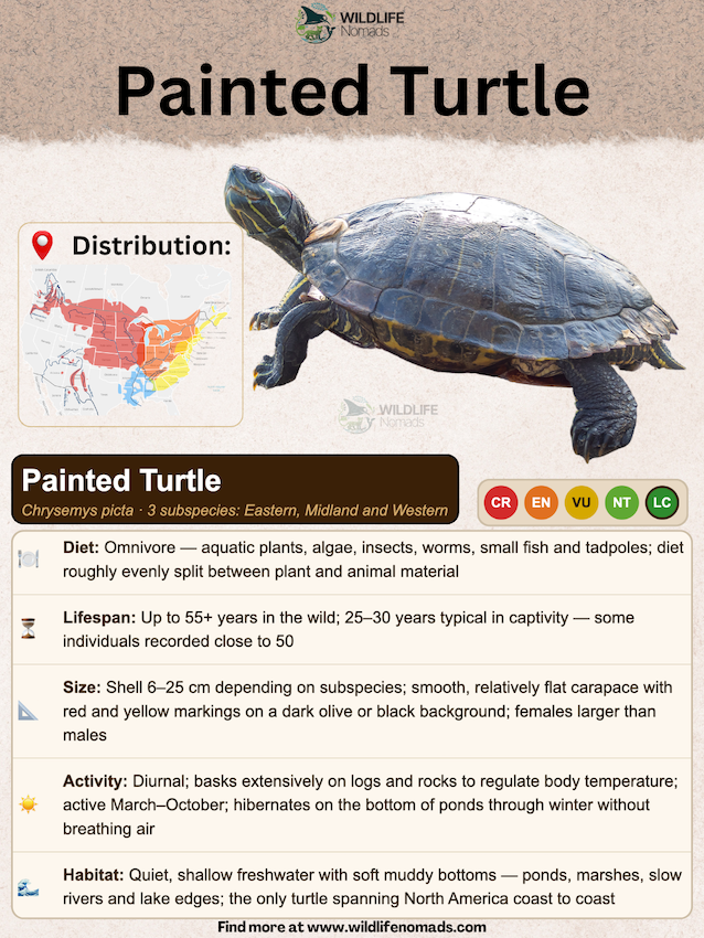 A revised animal profile infographic titled 'Painted Turtle' by Wildlife Nomads. It features a large photo of a painted turtle, a North American distribution map, and a brown header clarifying 'Chrysemys picta • 3 subspecies: Eastern, Midland and Western' with a Least Concern status. Bullet points outline its omnivorous diet, 55+ year wild lifespan, smooth carapace size, diurnal basking habits, and muddy freshwater habitat.