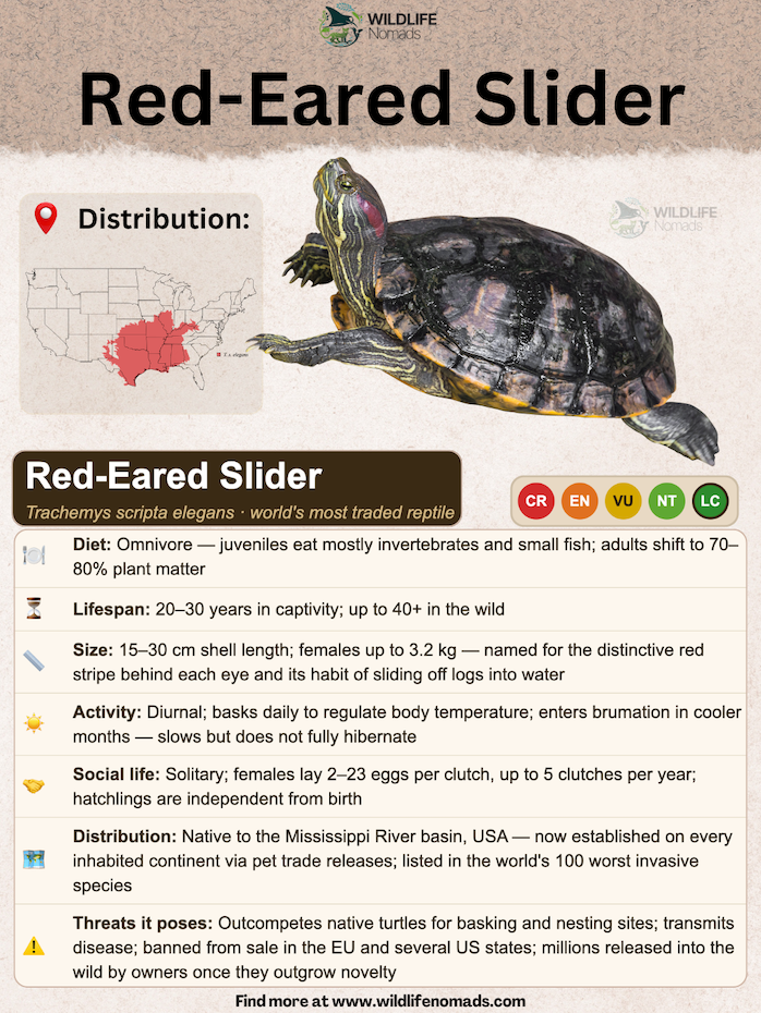 A comprehensive reptile profile infographic titled 'Red-Eared Slider'. It includes a US distribution map highlighting the Mississippi River basin, an IUCN Least Concern status marker, and detailed quick-fact sections covering their diet, size, lifespan, and ecological threats.