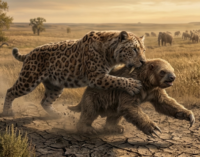 saber tooth cat hunting a ground sloth by wildlife nomads