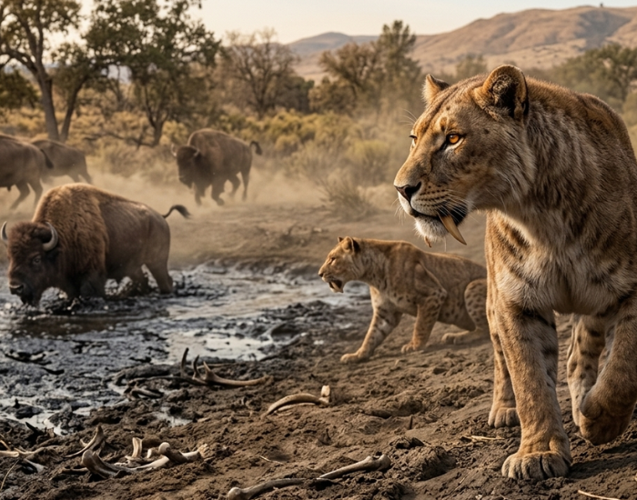 An artistic digital illustration of a pride of prehistoric Saber-Toothed Cats on a muddy riverbank, with one prominent cat in the foreground observing a herd of ancient bison moving through a dusty landscape in the background.