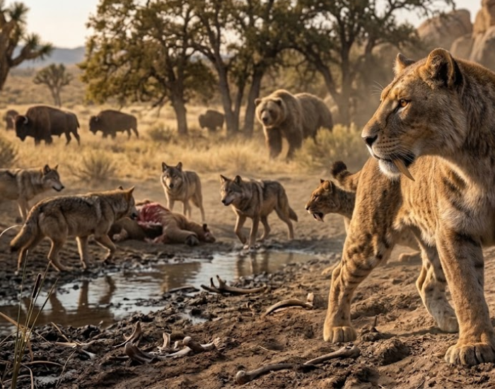 a detailed digital rendering of a prehistoric Pleistocene ecosystem, featuring a group of Dire Wolves surrounding a carcass near a waterhole, while a large Saber-Toothed Cat stands defensively in the foreground with a bear and bison visible in the distance.