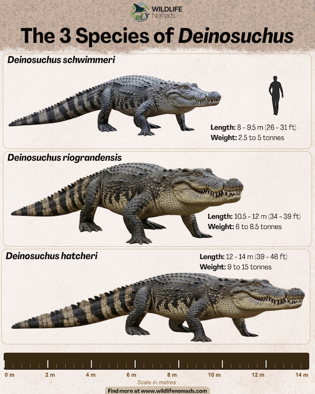 Educational chart comparing the sizes of the three Deinosuchus species (schwimmeri, riograndensis, and hatcheri) relative to a human silhouette on a 14-meter scale.