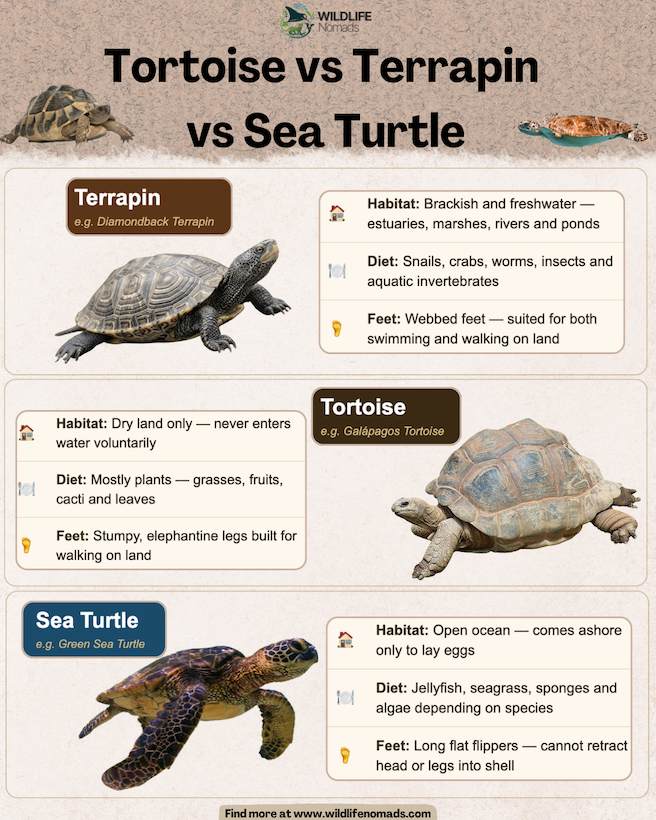 Infographic titled 'Tortoise vs Terrapin vs Sea Turtle' by Wildlife Nomads. It compares three cheloniidae groups side-by-side: Terrapins (brackish water, webbed feet, eats invertebrates), Tortoises (dry land, elephantine legs, eats plants), and Sea Turtles (open ocean, flippers, eats seagrass and jellyfish). Each section features a clear animal photograph and bulleted trait lists.