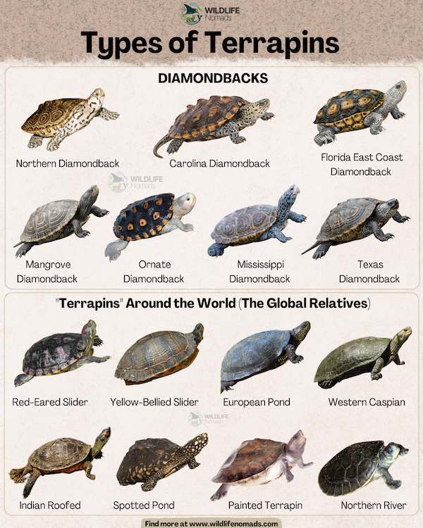 Educational infographic titled 'Types of Terrapins' by Wildlife Nomads. The top section displays seven Diamondback terrapin subspecies: Northern, Carolina, Florida East Coast, Mangrove, Ornate, Mississippi, and Texas Diamondback. The bottom section, titled 'Terrapins Around the World (The Global Relatives)', features eight species: Red-Eared Slider, Yellow-Bellied Slider, European Pond, Western Caspian, Indian Roofed, Spotted Pond, Painted Terrapin, and Northern River.