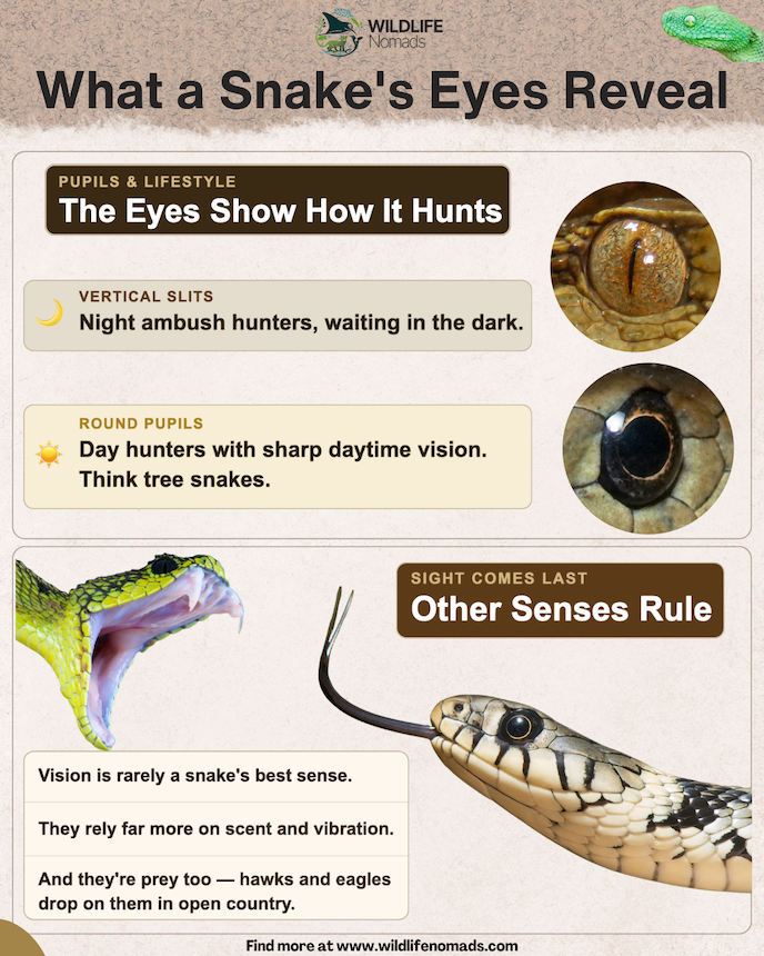 An educational reptile infographic titled "What a Snake's Eyes Reveal" by Wildlife Nomads. The top section showcases close-up photos comparing vertical slit pupils for night ambush hunters with round pupils for active day hunters. The bottom section features a snake flicking its tongue under the heading "Other Senses Rule," explaining how scent and vibration dominate over sight.
