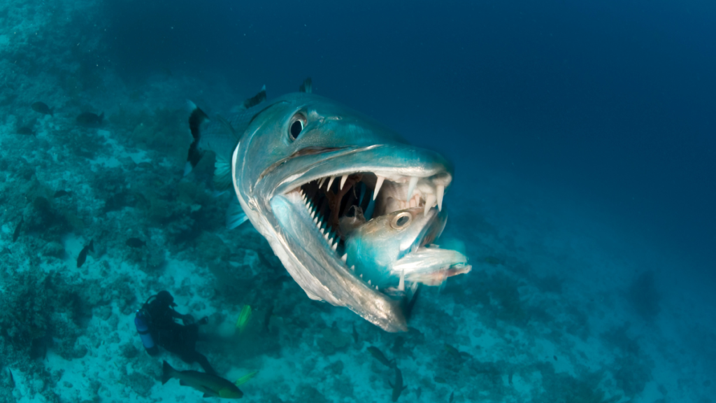 Close up of a great barracuda with sharp teeth eating a fish underwater with a scuba diver in the background