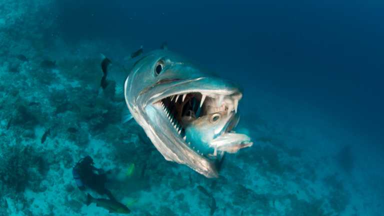 Close up of a great barracuda with sharp teeth eating a fish underwater with a scuba diver in the background