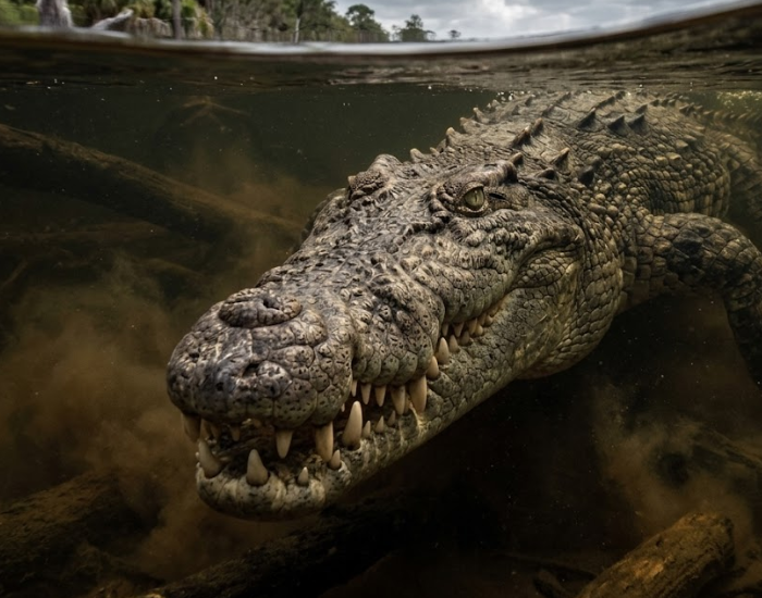 close up of a deinosuchus crocodilian submerged in shallow river