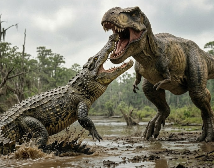 Paleoart illustration of a giant Deinosuchus lunging from the water to attack a Tyrannosaurus rex on a muddy riverbank.