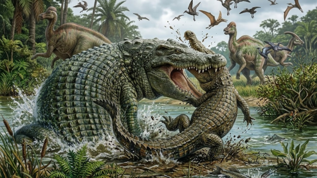Dramatic prehistoric scene of a massive Deinosuchus hunting and fighting a large smaller crocodile in a Cretaceous river.