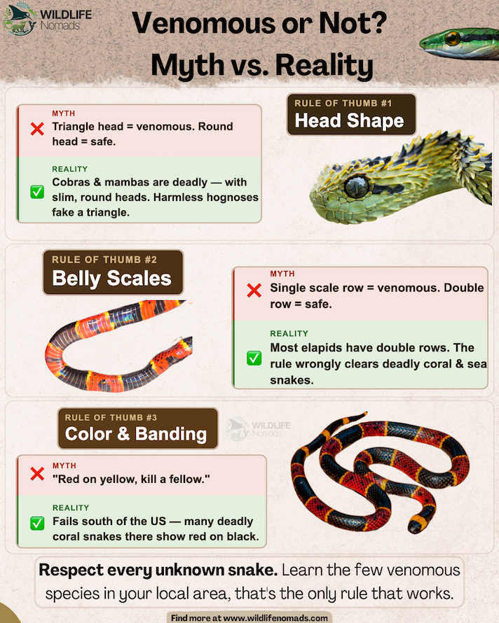 A myth-busting infographic titled "Venomous or Not? Myth vs. Reality" by Wildlife Nomads. It breaks down three common identification myths regarding head shape, belly scales, and color banding, explicitly highlighting how deadly species like cobras, mambas, and coral snakes break these traditional shortcuts.