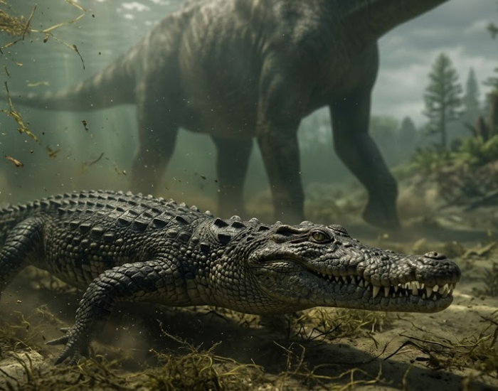 a deinosuchus submerged in a river and a big dinosaur herbivore walking next to it